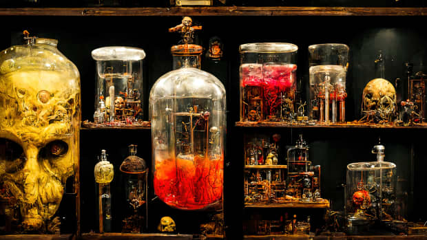 老古玩柜奇怪的对象集合,瓶酒精含有头骨和其他哥特式对象。