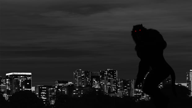 晚上狼人对城市天际线轮廓。